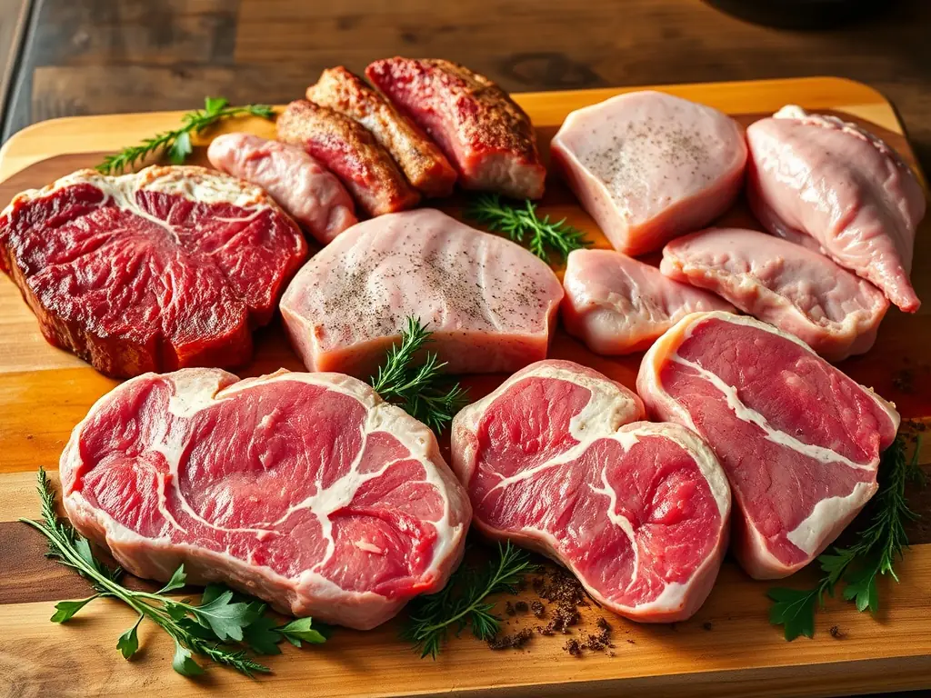 A butcher showcasing a variety of custom meat cuts, including steaks, roasts, and kebabs, arranged artfully on a wooden cutting board. The image highlights the shop's ability to tailor cuts to customer preferences.