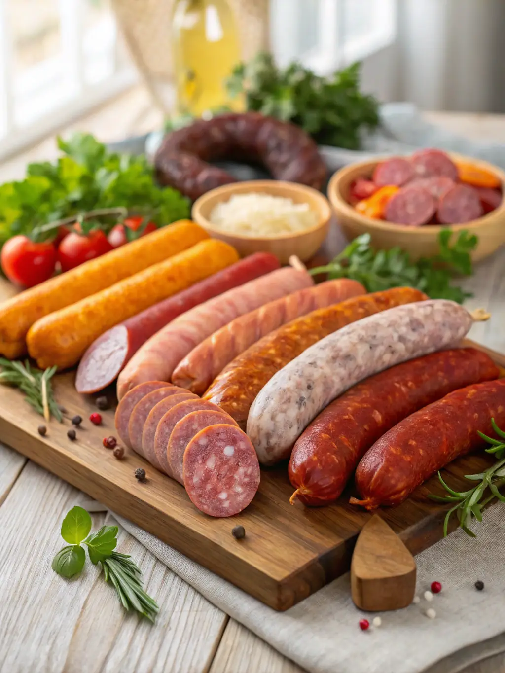 A beautifully arranged display of various sausages, including bratwurst, Italian sausage, and chorizo, showcasing their different colors and textures.