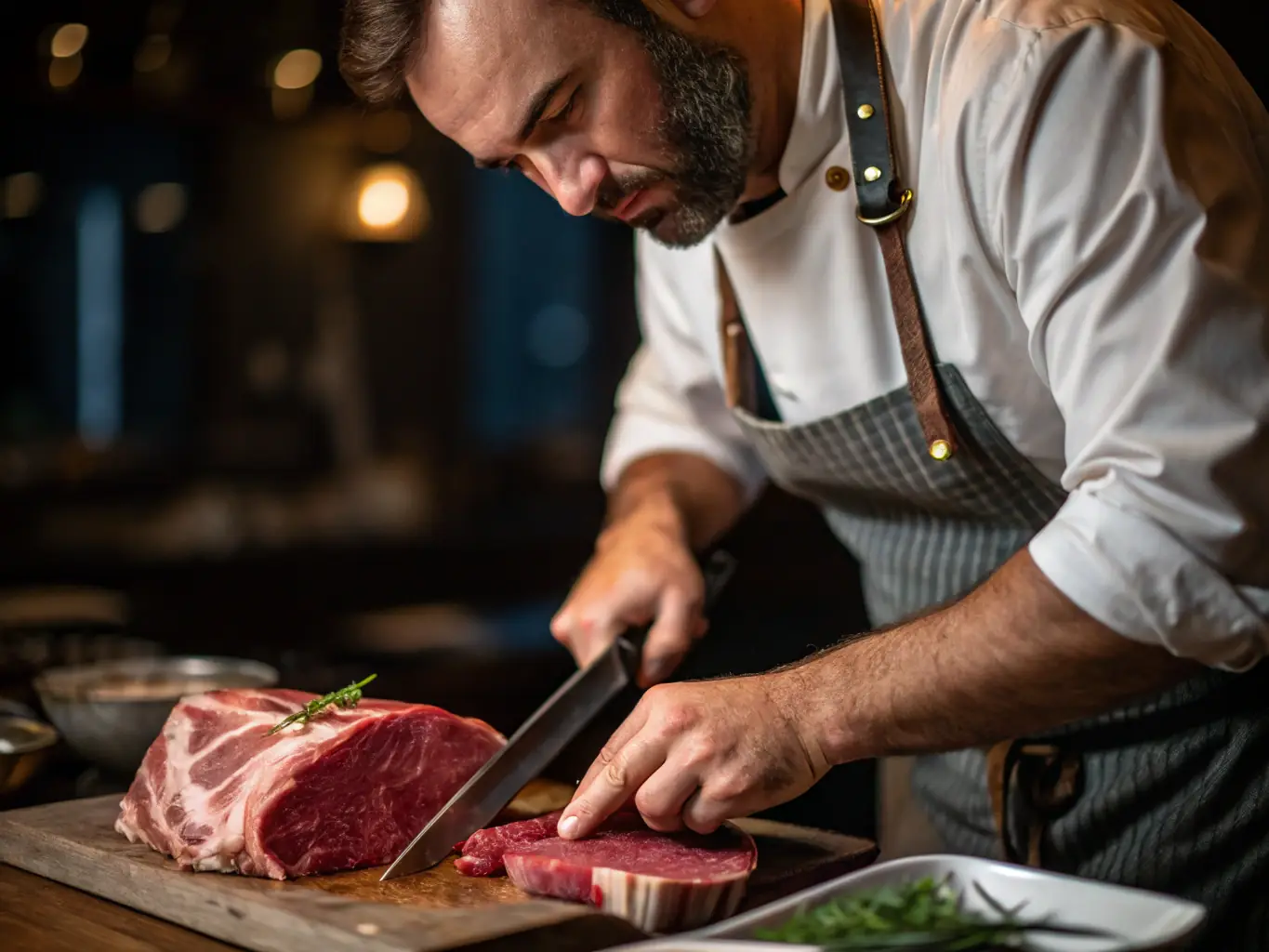 A close-up shot of a butcher expertly cutting a prime cut of locally sourced beef in a well-lit, modern meat shop. The focus is on the precision and care taken in preparing the meat.