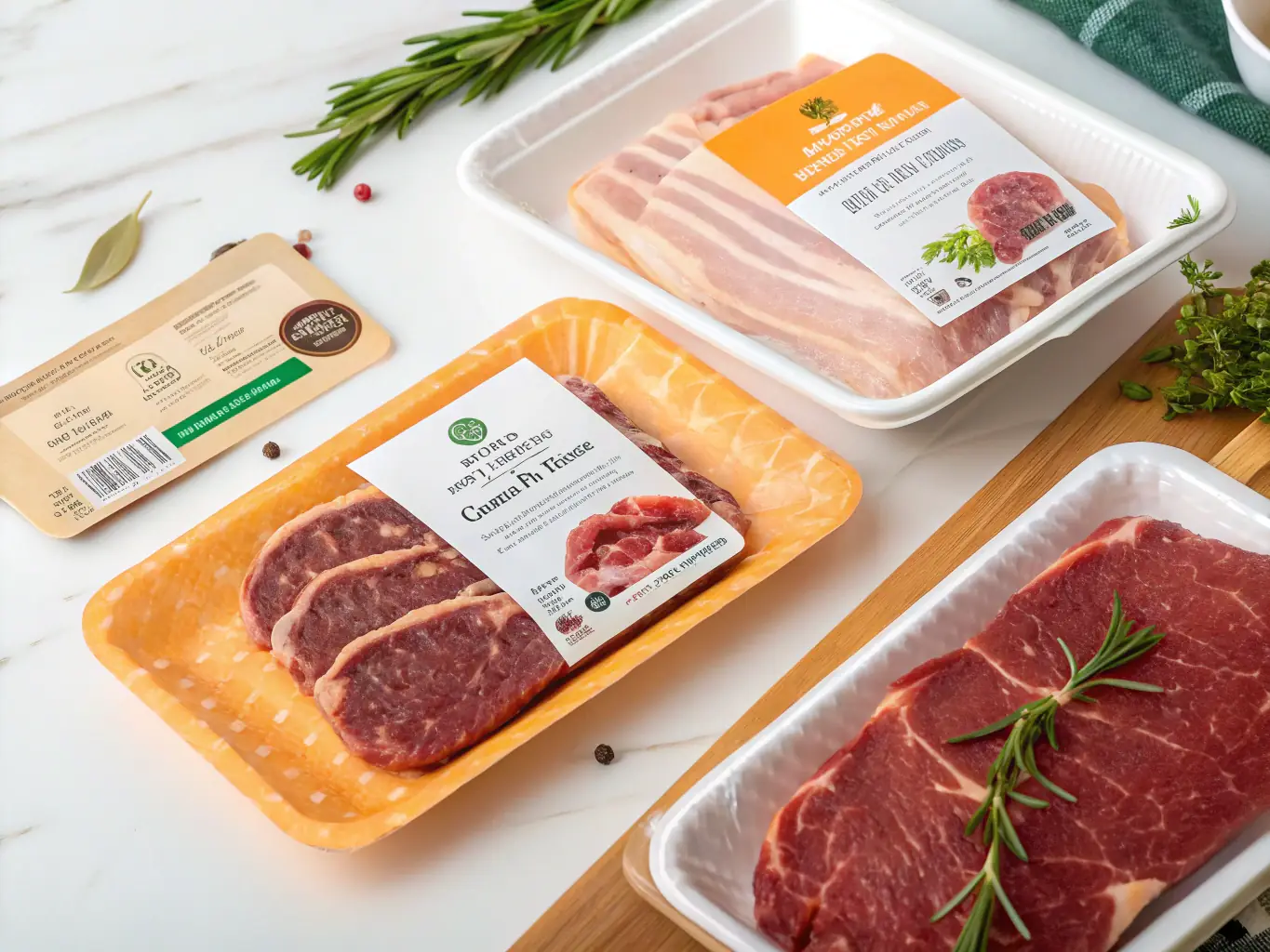Vacuum-sealed packages of various cuts of meat, neatly arranged to showcase the freshness and quality. The packaging is professional and highlights the extended shelf life and convenience.