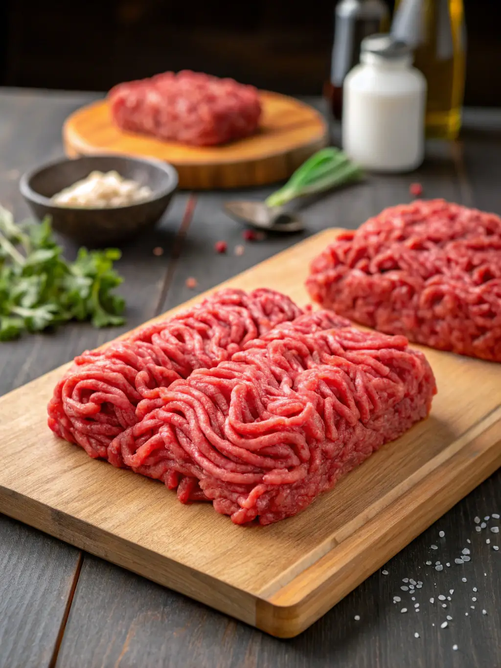 A vibrant image of freshly ground beef, highlighting its lean-to-fat ratio and bright red color, displayed in a butcher's shop setting.