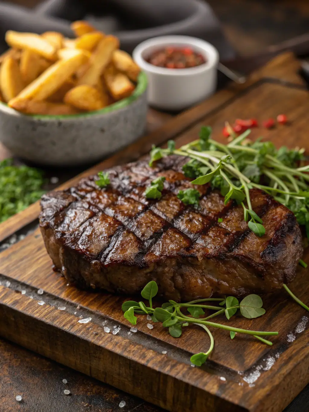 A close-up shot of a perfectly marbled ribeye steak, showcasing its rich texture and fat distribution, placed on a wooden cutting board with a sprig of rosemary.