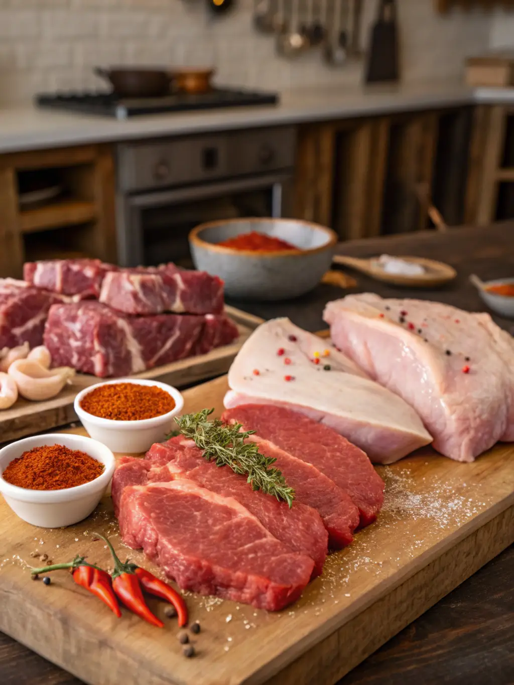 A close-up shot of a perfectly arranged BBQ meat package, showcasing various cuts of steak, sausages, and chicken, ready for grilling.
